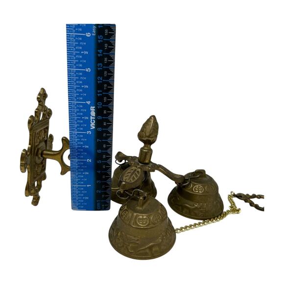 Brass Wall-Mounted Triple Bell Set Ornate Design Chain Pull Vintage Monastery - Picture 13 of 16